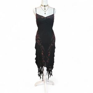 Vintage Sue Wong Black Midi Dress with Red Bead Details